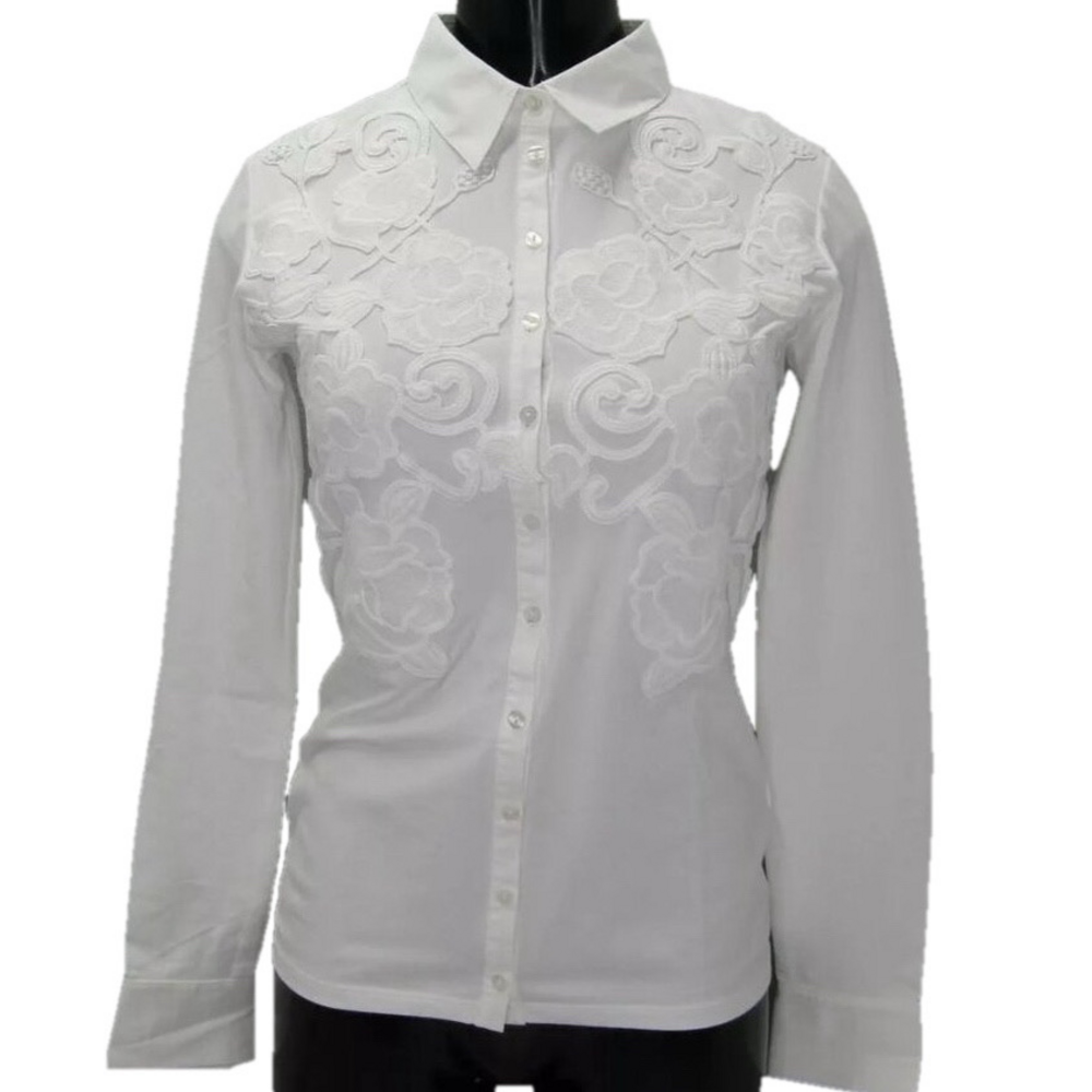 NEW ANNE FOUNTAINE Shirt Top White Size 0-2 Vianey Pima Jersey Floral Applique